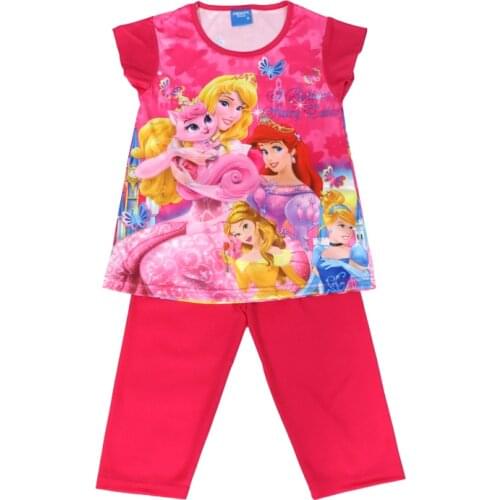 Disney Girl Sets 2021 Summer New Kids Outfits Childrens Clothing Short Sleeve+Trousers Pajamas Suit Ariel Bell Fashion 3-8Y