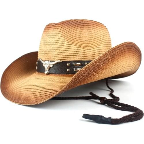 Women Men Hollow Western Cowboy Hat Lady Summer Straw Sombrero Hombre Beach Cowgirl Jazz Sun Hat Wind Rope Size 57-59CM