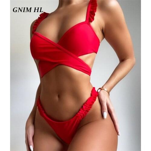 GNIM Bandage Solid Bikini Swimwear Women 2021 Summer Ruffle Swimsuit Female 2 Pieces Halter Beachwear Swim Bathing Suit Biquini