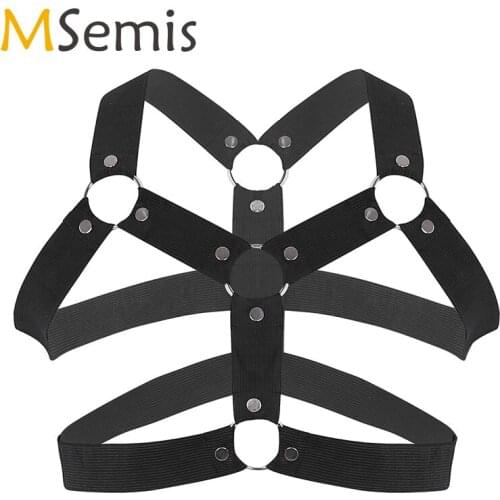 Mens Elastic Shoulder Chest Muscle Straps Harness Belt with Metal O-rings and Studs Fancy Club Party Costume Strap Accessory