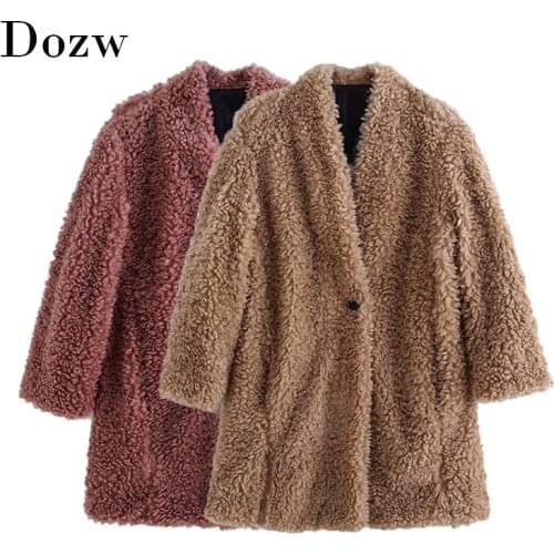 Solid Teddy Coat Women Autumn Winter Thick Warm Fluffy Overcoat Long Sleeve Faux Fur Coats Lady Plus Size Fur Jacket