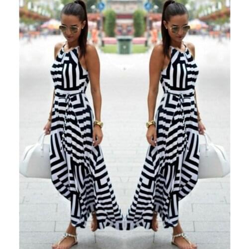 Striped Maxi Long Dress Women Summer 2021 Sleeveless Halter Beach Dresses Elegant Strap Boho Geometric Clothing Female LD1849