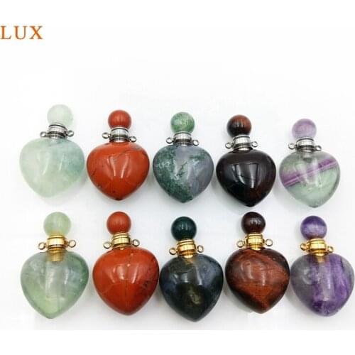 Natural Heart Gems stone Love Perfume Bottle pendant gold plating stainless steel Healing Chakra Crystal Quartz vial diffuser