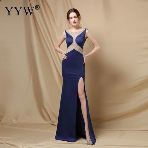 See Through Crystal Evening Formal Dress Women Party Slit Maxi Evening Dress Sleeveless Long Robe Prom Mermaid Full Dresses