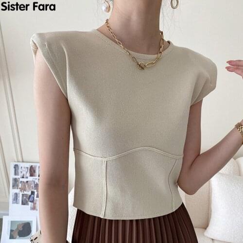 Sister Fara New Summer 2021 Elegant Stretched Camisoles Women O-neck Sleeveless Tank Office Lady Padded Shoulder Short Tees