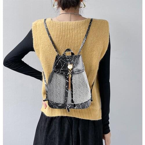 Backpack Bags For Women Cover Type Drawstring Stone Pattern Tassel Bag Weave Small Backpack Lock Anti-theft Backpack Mochila