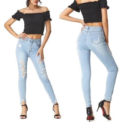 Womens Slim Skinny Jeans Solid Color High Waist Stretch Wild Daily Wear Pencil Pants Casual Irregular Hole Ripped Trousers