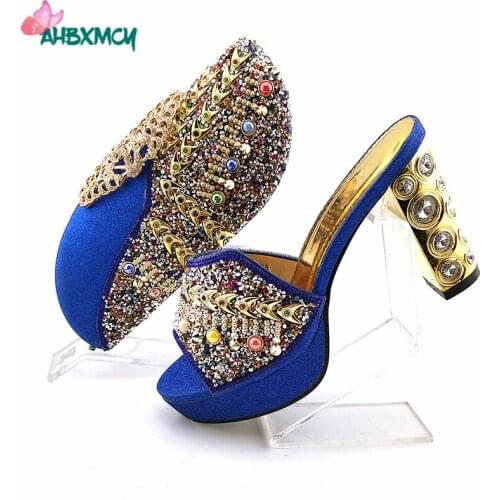 Latest Italian Design Shoes and Bag Set with Platform in Royal Blue Color African Ladies Shoes with Evening Bag for Party