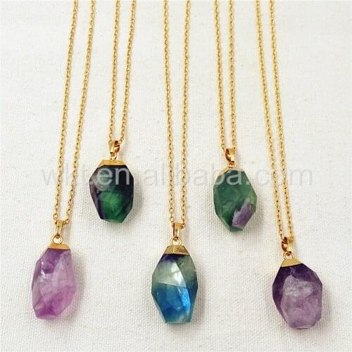 WT-N788 New sale !Raw cabochon faceted rainbow fluorite stone necklace ,New gold delicate chain necklace fluorite stone necklace