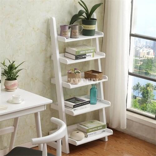 XM004 5-Layer Wooden Bookshelf Landing Simple Wall Bookshelf Living Room Creative Solid Wooden Bookrack Trapezoid Bookcase