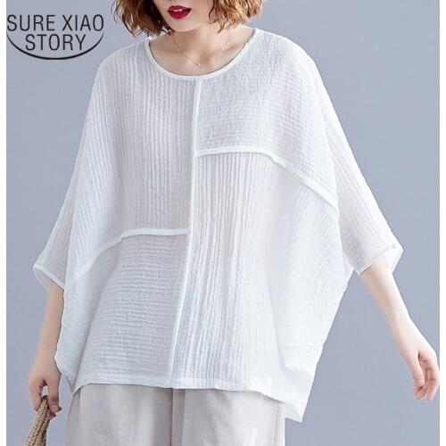 2020 Summer Plus Size Literary Stitching Solid Color Bat Sleeve Lady Tops Vintage Linen Cotton Short Sleeve Blouse Women 8906 50