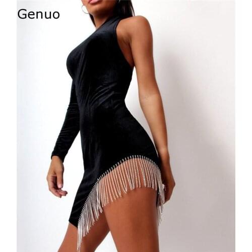 One Shoulder Irregular Tassels Short Mini Dress Women Cut Out Sexy Velvet Crystal Bodycon Dress Black Velour Club Party Dresses