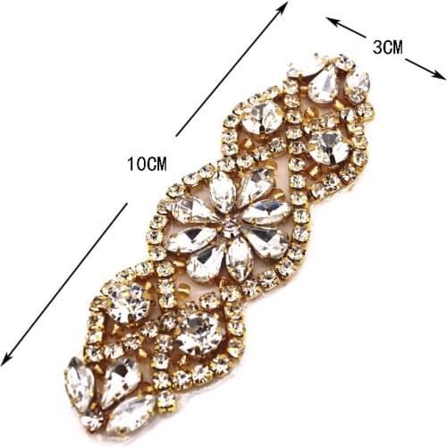 Handmade Gold Rhinestone patch for Evening Gown Dress Prom Bridal Wedding Dress Sash Belt Applique with Crystals