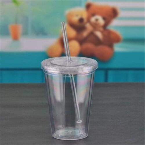 1pcs 450ml Double-walledIce PlasticIced Tumbler Cold Drink Travel Mug Coffee Juice Tea Cup With Straw Reusable Smoothie