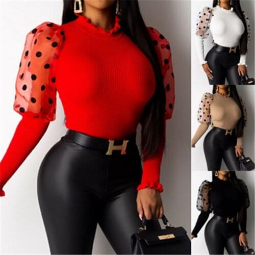 2020 Fashion Women´s Winter Top Shirt Pull Polka Dot Puff Sleeve Patchwork Purfle Ruffle Neck Knitted Pullover Top