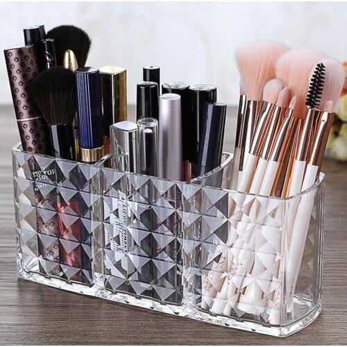 3 Grids Diamond Acrylic Cosmetic Storage Box Makeup Brush Holder Organizer Lipstick Eyebrow Pencil Multifunction Display Stand
