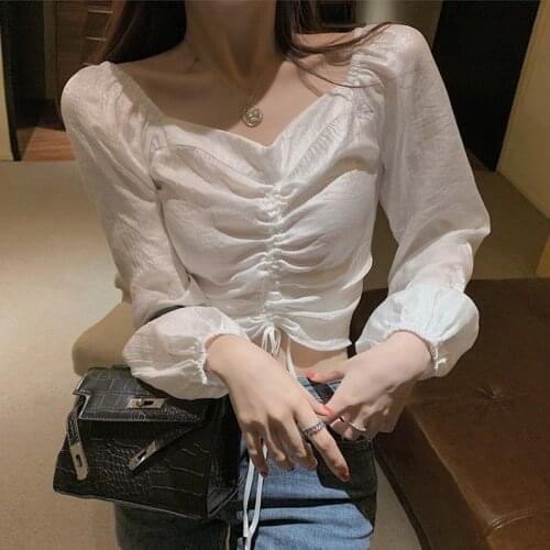Blouse Women Large Size Short Glossy Square Collar White Top Blusas Mujer De Moda