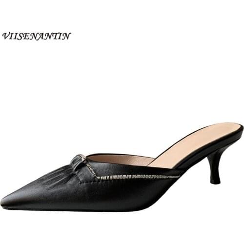 Black cowhide all-match gentle lady sandals and slippers, summer Korean style pointed toe stiletto and high-heeled half slippers