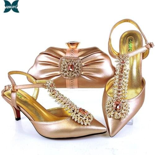 2021 Latest Fashionable Champange Color Noble and Elegant Ladies Shoes and Bag Set Decorated With Golden Ears of Wheat Shape