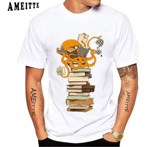 Reading Octopus Tea Coffee And Books T-Shirt New Summer Mens Short Sleeve Funny Hip Hop Boy Casual Tops Vintage Man White Tees