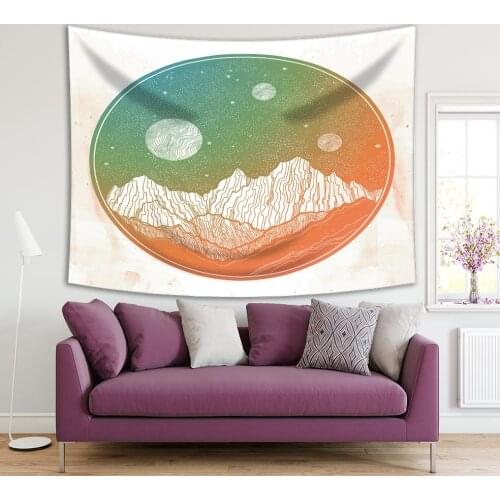 Tapestry Mountains and Night Sky Stars Moon Planets in Circle Shape Surrealistic Artwork Orange Green White