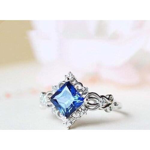 Classic Female Blue Crystal Stone Ring Charm Silver Color Flower Wedding Rings For Women Dainty Square Zircon Engagement Ring