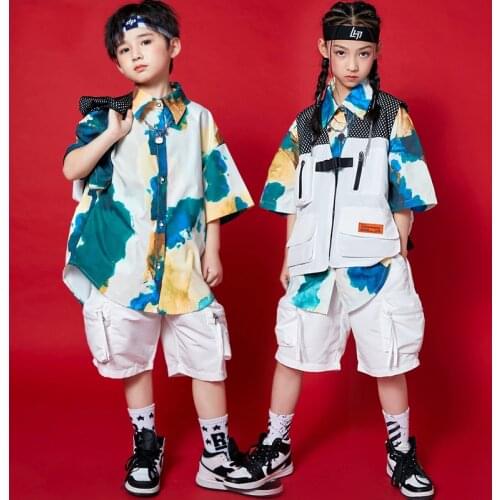 Boys Street Dance Costume Hip Hop Performance Clothing Kids Shirts White Vest Pants Girls Jazz Modern Dancing Clothes BL6733
