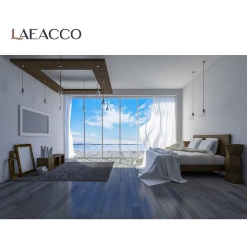 Laeacco Summer Holiday Bedroom French Window Viewroom Interior Photo Background Photography Backdrop For Photo Studio