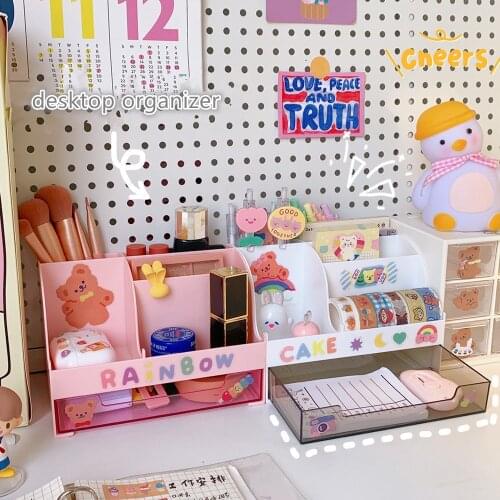 New Arrival Kawaii Multifunctional Desktop Organizer Desk Storage Box 1PC DIY Free Sticker School Stationery Accessories