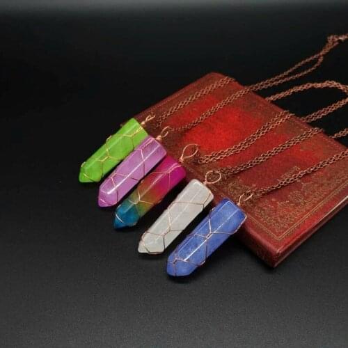Natural Stone Hexagonal Column Quartz Necklaces Handmade Antique Copper Wire Wrap Crystal Pendant Gem Necklace Women Men Jewelry