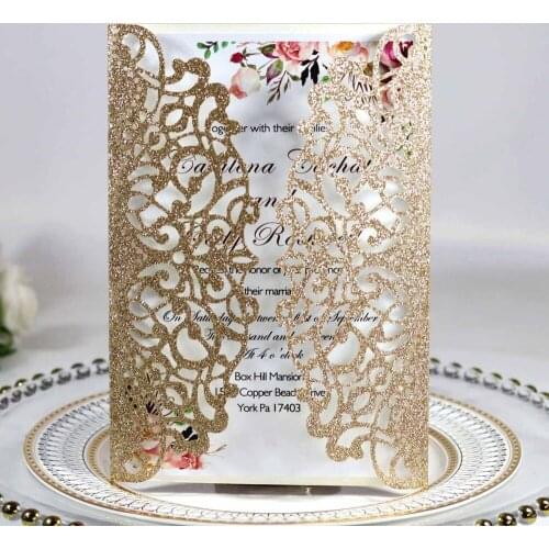 Wedding Invitations Rose Gold Glitter Laser Cut Invitation Cards with Bow for Bridal Shower Anniversary Birthday Business Party