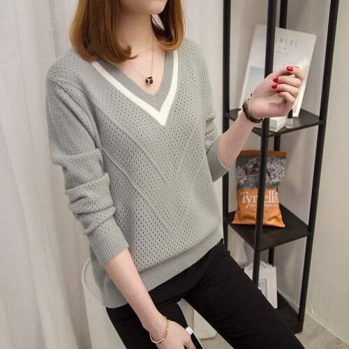Spring Autumn Thin V-Neck Long Sleeve Knit Pullover Sweater Women Jumper Ladies Loose Korean 6 Color Short Knitted Tops Female