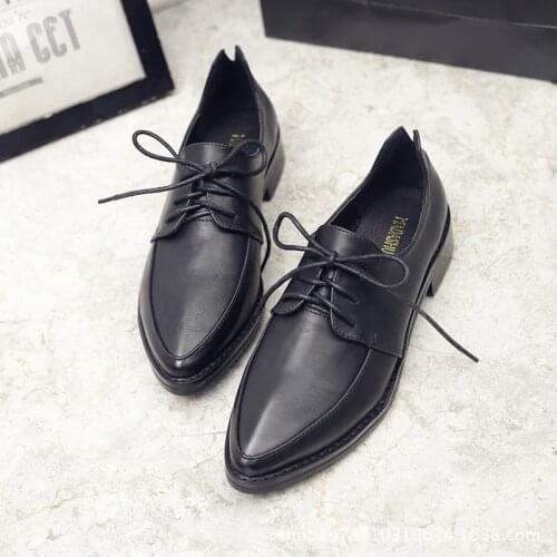 Womens Shoes Low Square Heel Single Shoes Lace-up College Wind Leisure Oxford Shoes Retro Wind Pointed Toe Brogue Shoes
