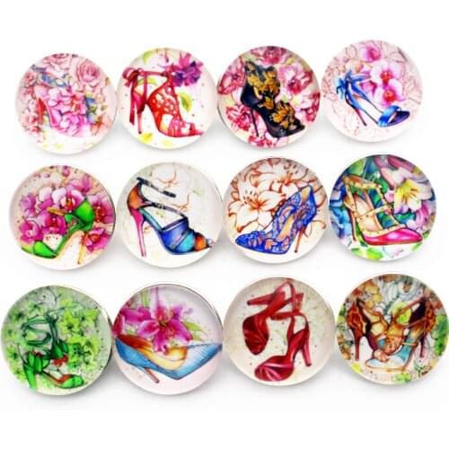 12pcs/lot New Snap Watercolour High-Heeled Shoes Glass Snap Buttons Charms Fit 18mm Snap Button Necklace Bracelet DIY Jewelry