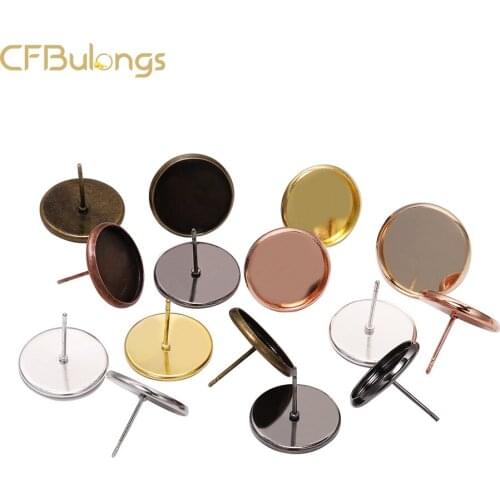 Stainless Steel Material 20-50 PCS Earring Pins Rose Gold Flat Round Cameo Base For Handmade DIY Jewelry Accessories