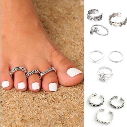 3pcs Retro Hollow Carved Star Moon Toe Rings Kits Bohemian Adjustable Opening Sets For Women Beach Foot Ring Set
