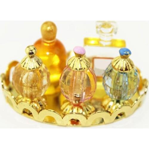 5Pcs/Set Mini 1/12 Dollhouse Miniature Bathroom Bedroom Transparent Perfume Bottle with Platter Dresser Accessories Kids Toy