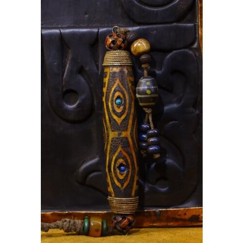 5" Tibet Buddhism Old Natural agate Filigree mosaic Gem Second eye Dzi Bead Town House Exorcism Ward off evil spirits