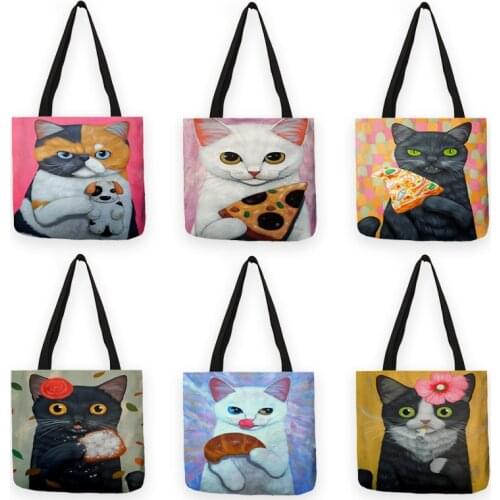 B13021 Anime Cat Fish Print Shoulder Bag Women Large Handbags Reusable Shopping Bags Double Sides Printing