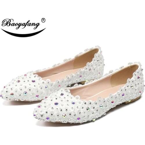 BaoYaFang 2019 NEW ARRIVE 1cm Low Heel Pointed Toe wedding shoes Woman White Lace Bride Fashion shoes for woman crystal