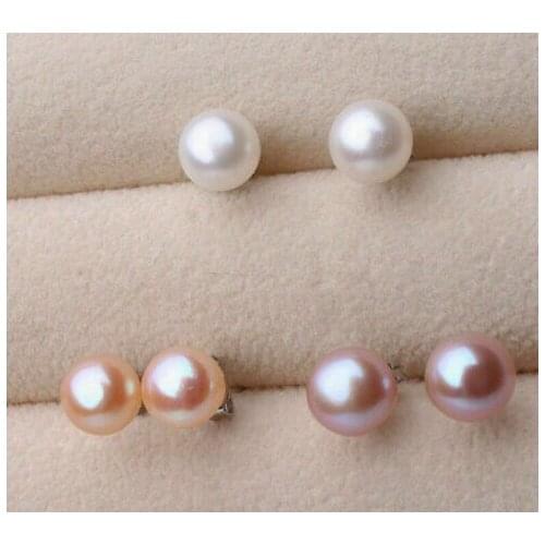 Free shipping 3 Pairs 7-8mm Genuine Natural White Pink Purple Pearl Silver Stud Earrings AAA