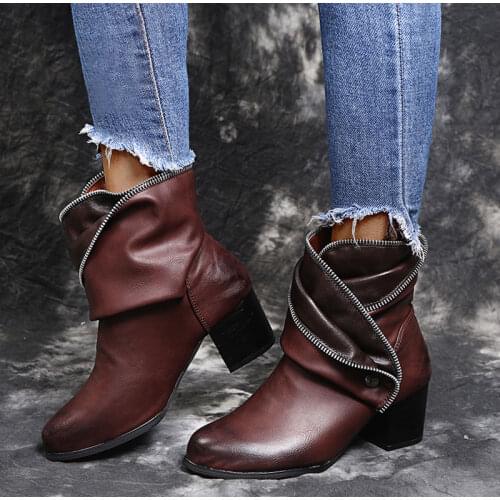 New Womens Boots 2021 Autumn Ankle Zipper High Heels Ladies Shoe Vintage PU Leather Woman Booties Fashion Female Elegant Shoes
