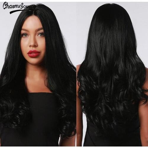 CharmSource Long Wavy Black Lace Part Synthetic Wigs for White Black Women Daily Hair High Density Heat Resistant Wig