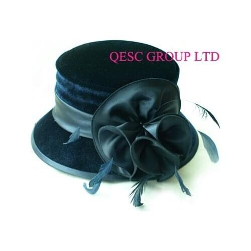 Black grey FORMAL HAT Velvet dress satin hat sinamay hat with feathers,dark blue color,for wedding races church