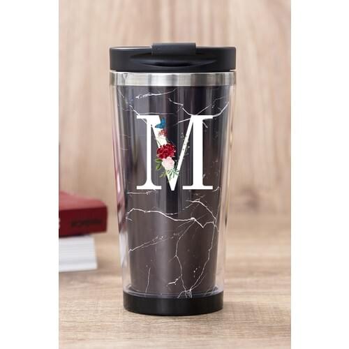 Gift Shop Letter M Black Marble Thermos Cup
