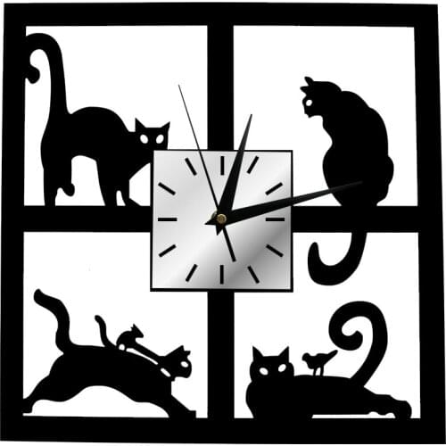 Four Cats Quiet Sweep Quartz Wooden Wall Clock Cute Cats in the Window 3D Black Kitten Eco Friendly Natural Square Watch Saat