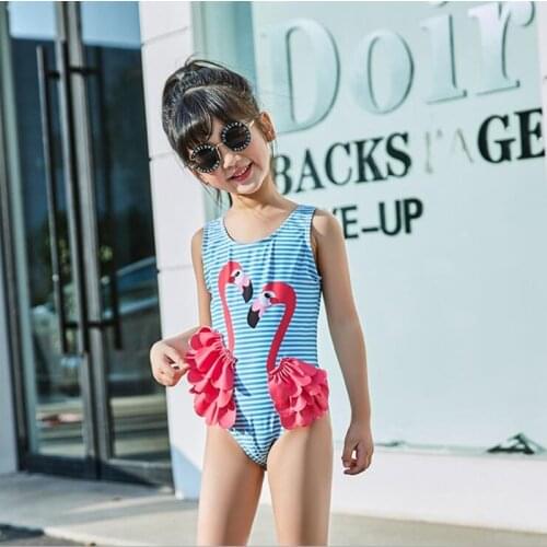 Childrens swimsuit girl Flamingo ruffle swimsuit Kids cute cartoon quick dry strip one piece bikini YZ19003