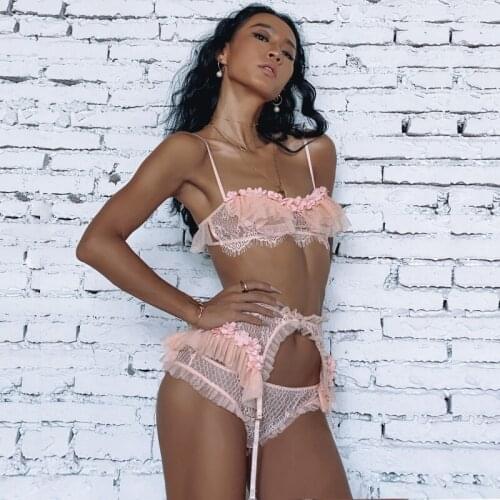 French Women Lace 3pcs Lingerie Underwear Floral Mesh See Through Ultra Thin Bra and Panty with Garter Sexy Bras Bralette Set