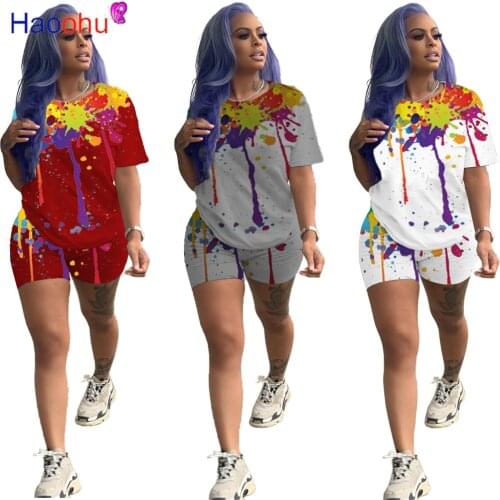 HAOOHU Activewear Ink Graffiti Womens Set Crewneck T-shirt Shorts Suit Sport 2021 New Tracksuit Two Piece Set Fitness Outfit