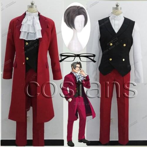 Ace Attorney Miles Edgeworth Red Suit Outfit men Cosplay Costume Full Set Halloween Cosplay Costume with wig glasses full set